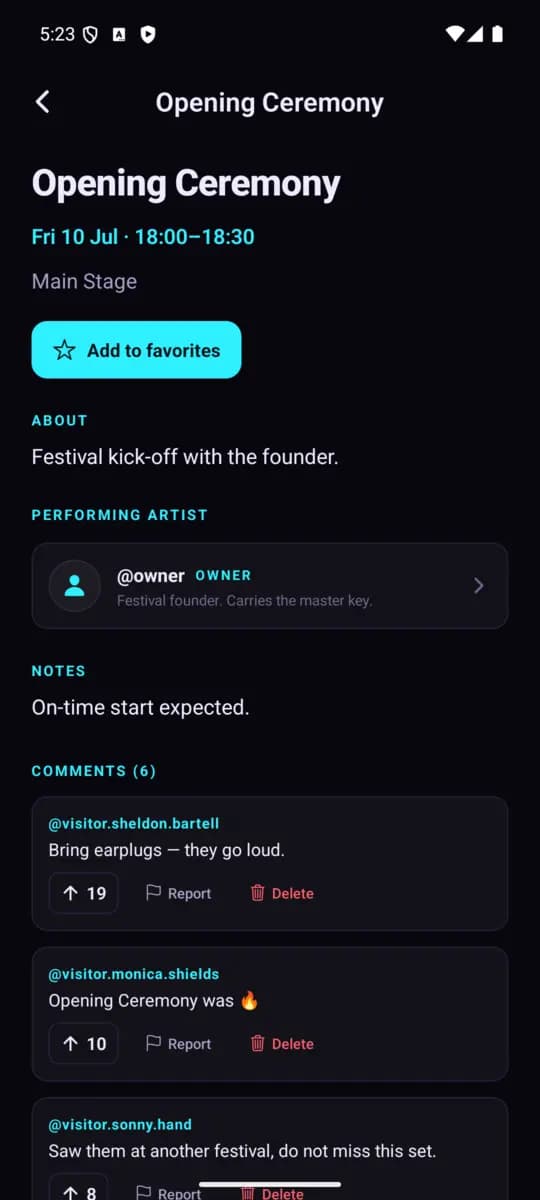 Act detail screen of the SuS Festival App, Classic theme