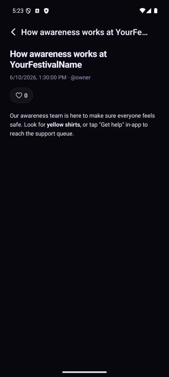 Blog post screen of the SuS Festival App, Classic theme