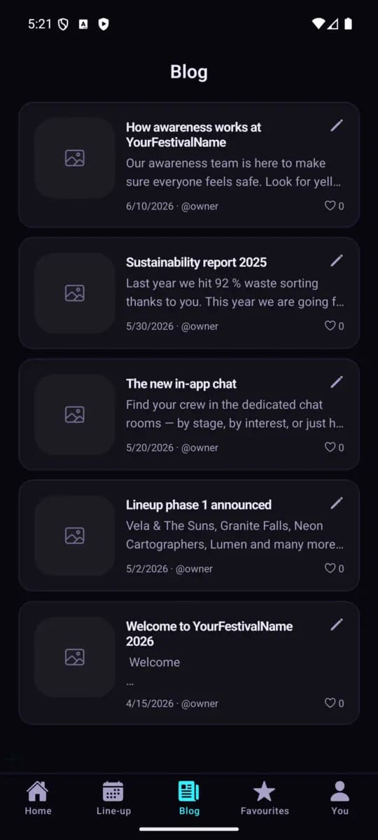 Blog screen of the SuS Festival App, Classic theme