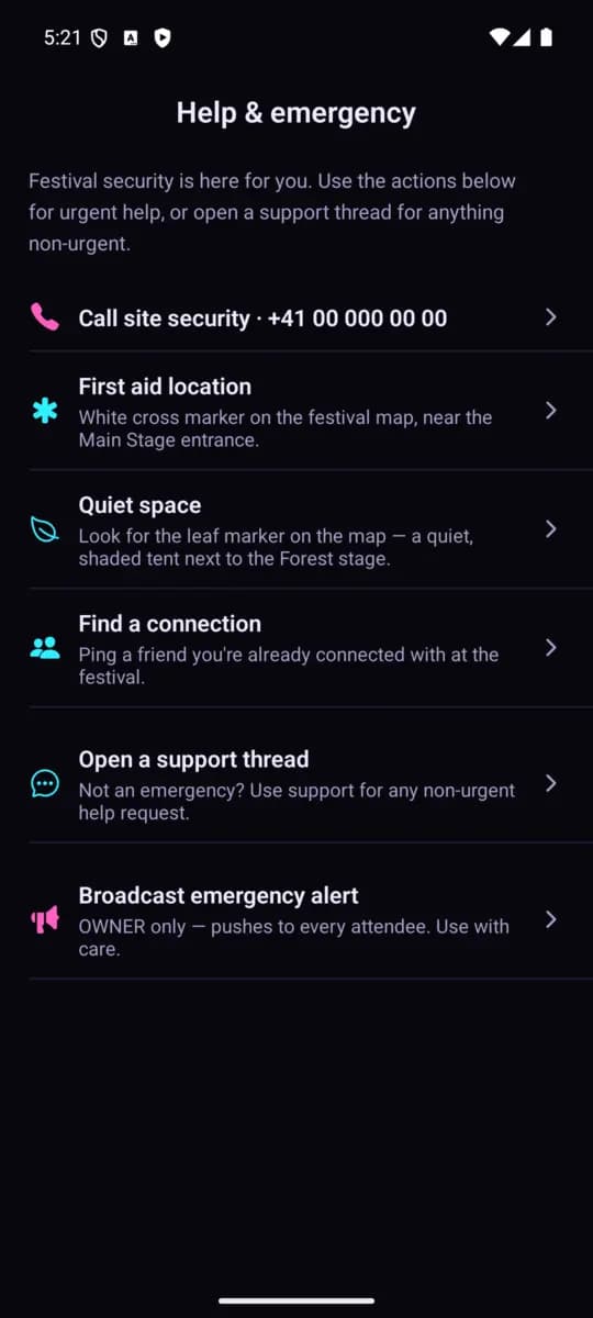 Help & emergency screen of the SuS Festival App, Classic theme