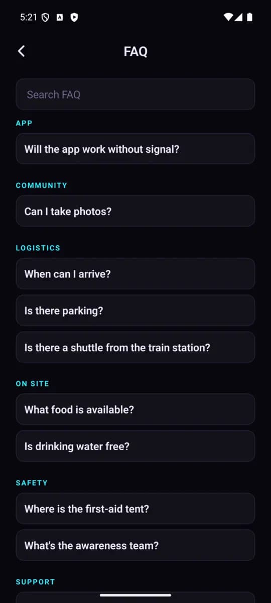 FAQ screen of the SuS Festival App, Classic theme