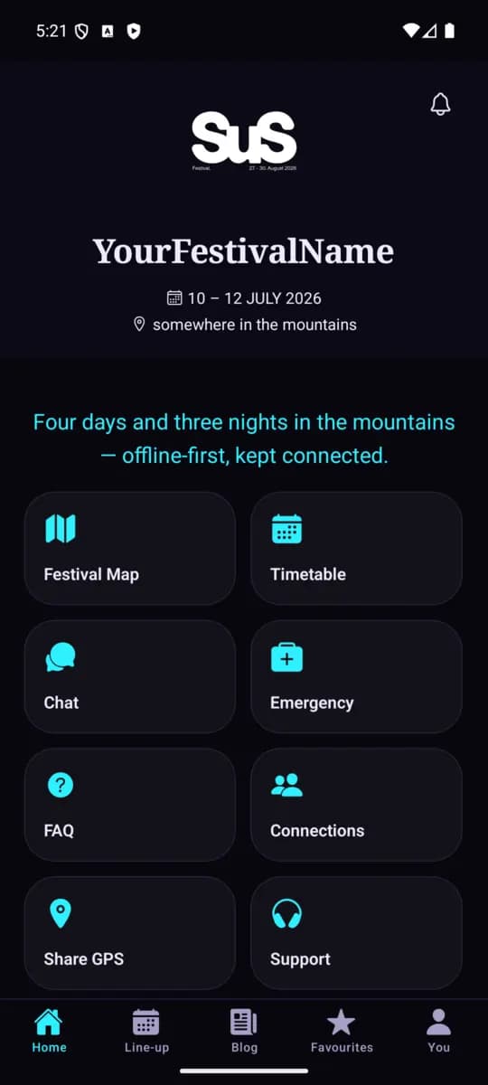Home screen of the SuS Festival App, Classic theme