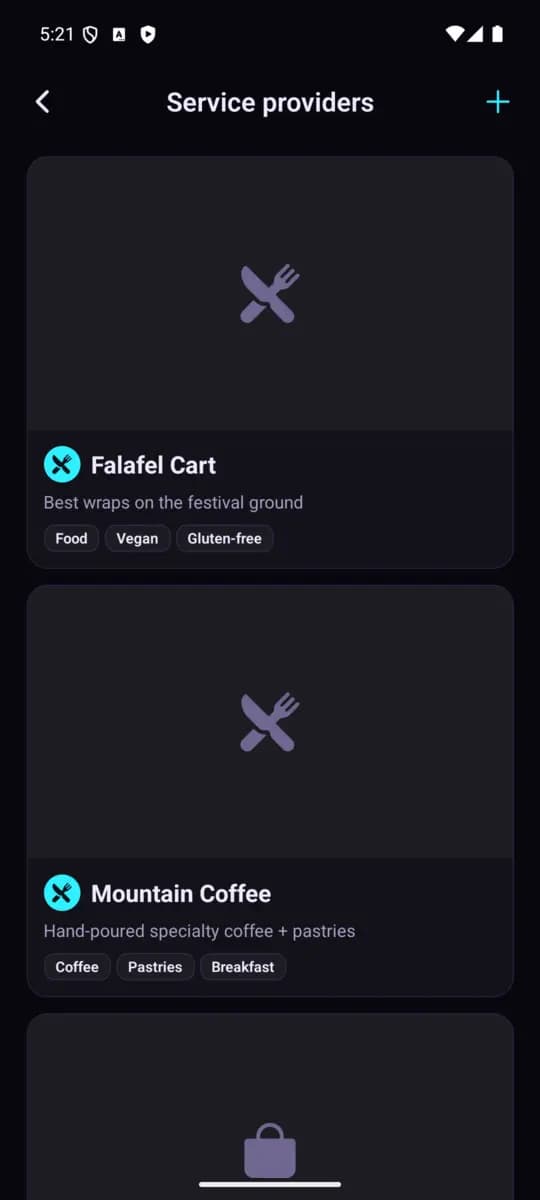 Service providers screen of the SuS Festival App, Classic theme