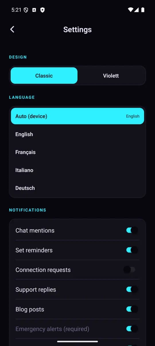 Settings screen of the SuS Festival App, Classic theme