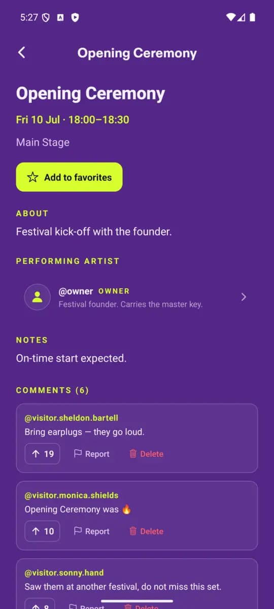 Act detail screen of the SuS Festival App, Violett theme