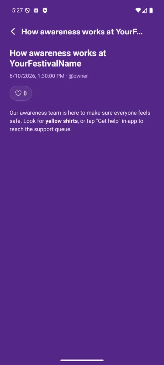 Blog post screen of the SuS Festival App, Violett theme