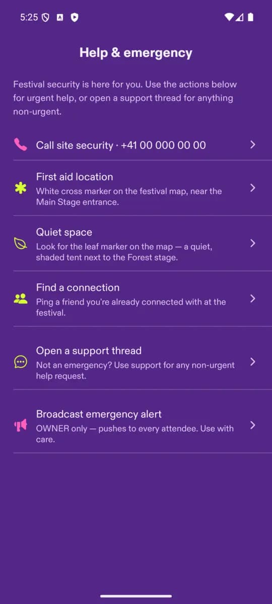 Help & emergency screen of the SuS Festival App, Violett theme