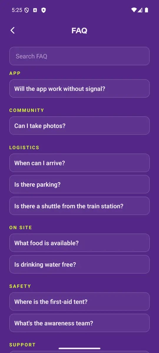 FAQ screen of the SuS Festival App, Violett theme