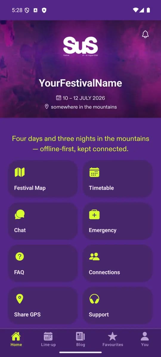 Home screen of the SuS Festival App, Violett theme