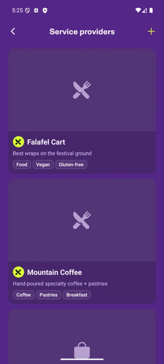 Service providers screen of the SuS Festival App, Violett theme
