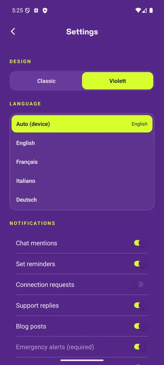 Settings screen of the SuS Festival App, Violett theme